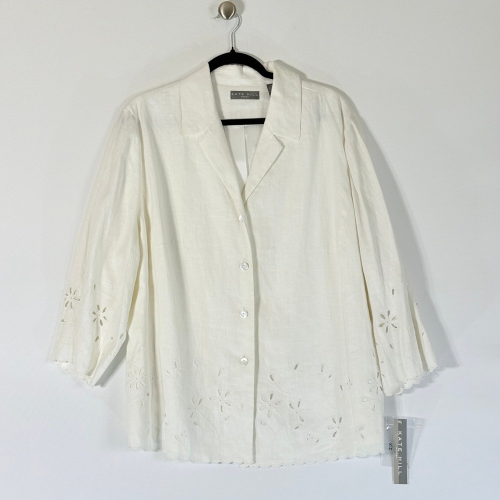 NEW Kate Hill Womens 20W Blouse Top Whigte Linen Floral Eyelet Scalloped Cottage
